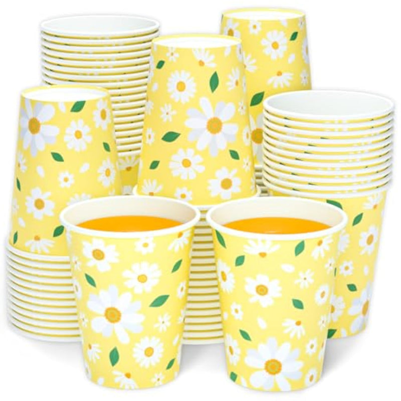 Yellow Daisy Paper Cups, 100 Pack - Yellow & White Daisy Flower Disposable Party Cups For Girls Birthday, Baby Showers, Weddings, Picnics & Summer Parties, 9 Oz