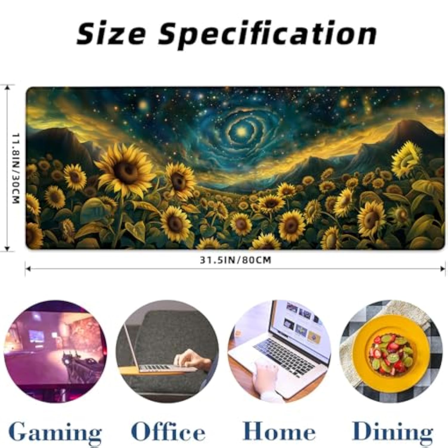 Starry Night Sunflower Gaming Mouse Pad Extended Desk Computer Keyboard Laptop Cosmic Floral Mouse Pads For Home Office Work, Large Long Desk Mat Mousepad With Non-Slip Rubber Base 31.5×11.8Inch