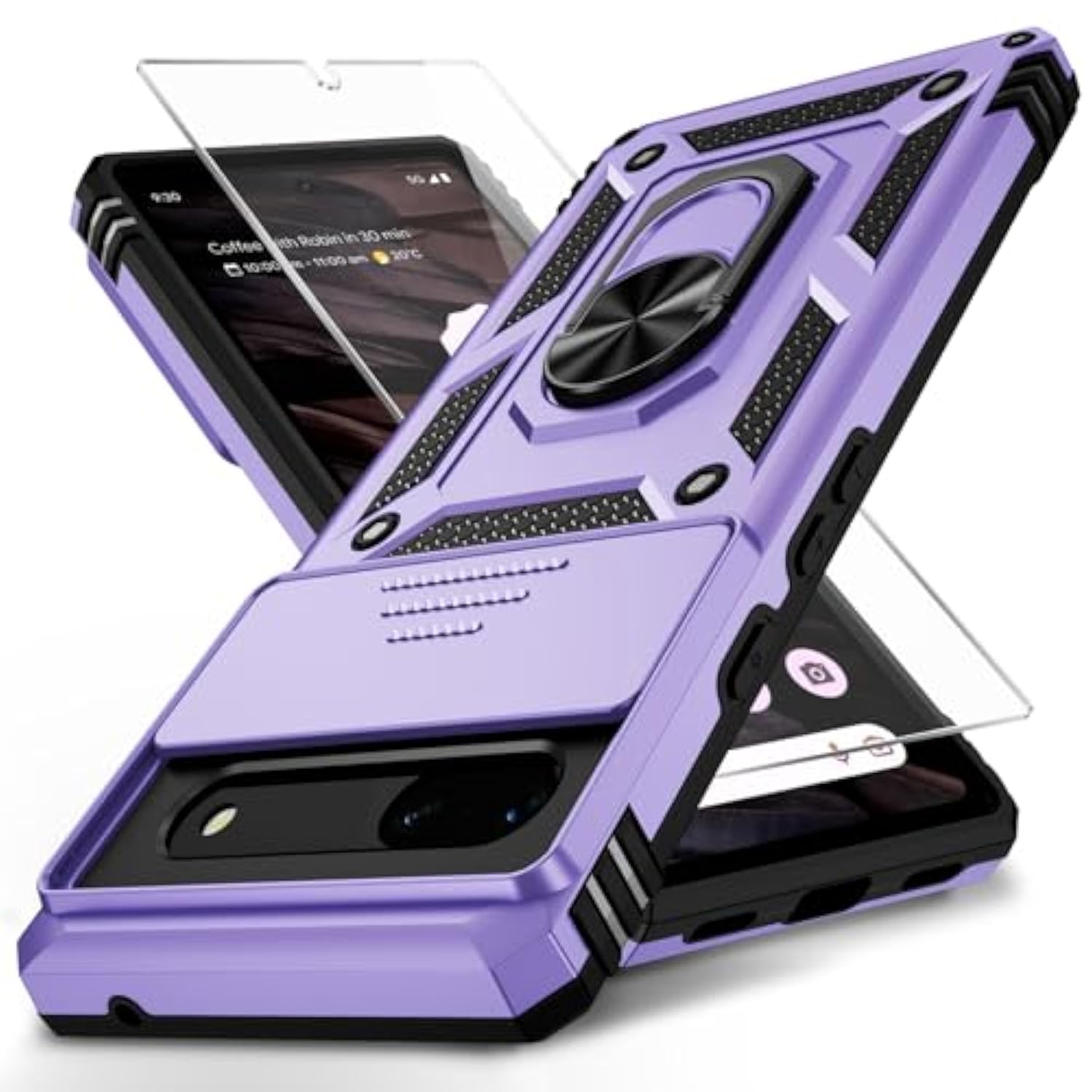 For Google Pixel 6A Case With Camera Lens Cover Hd Screen Protector, 10 Ft Military Grade Drop Protection, Magnetic Ring Holder Kickstand Protective Phone Case,Lavender