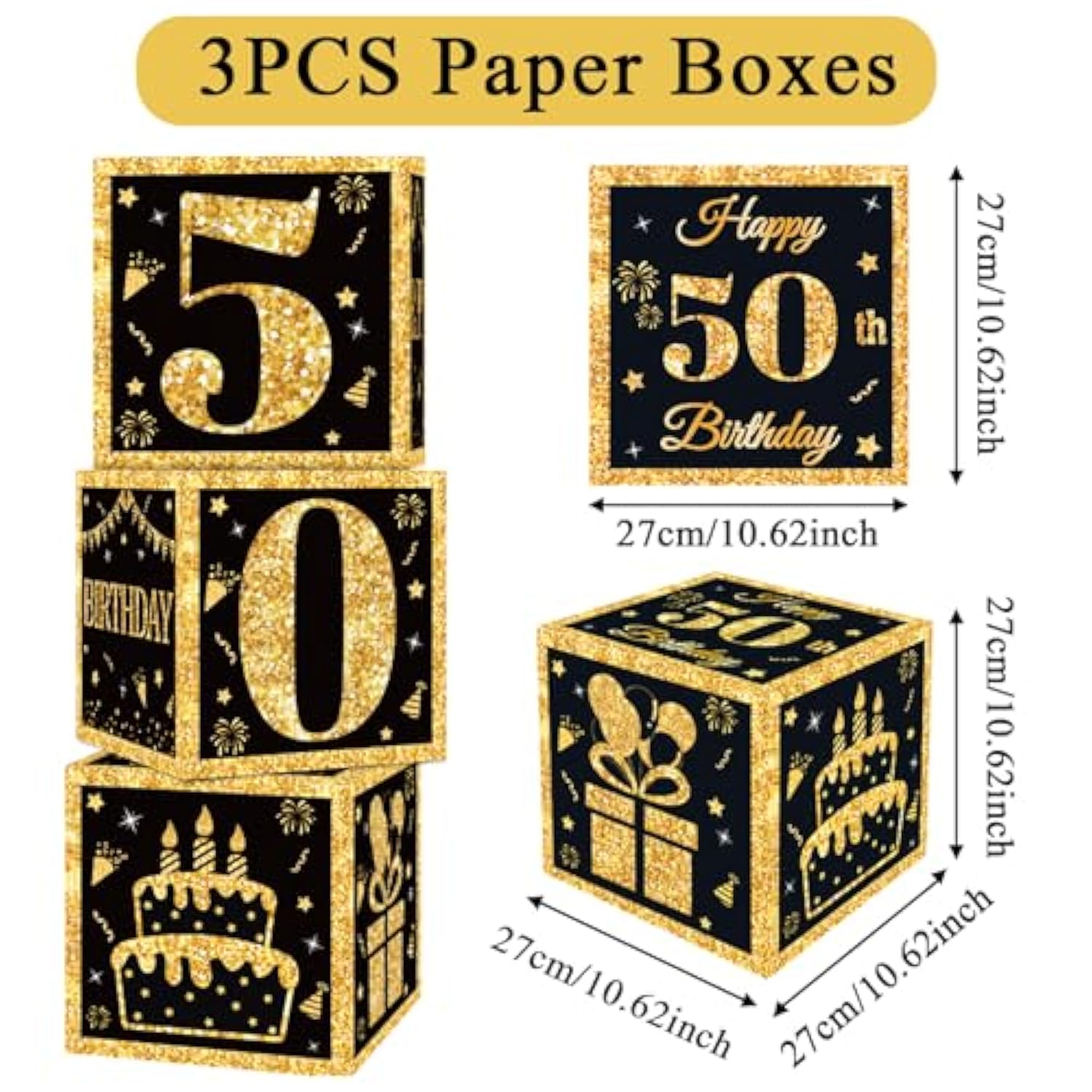 50Th Birthday Decorations Boxes For Men- 3Pcs Black Gold Happy 50Th Birthday Balloons Boxes, 50 Year Old Party Supplies For Men Women