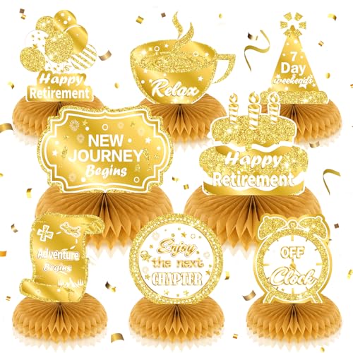 Retirement Honeycomb Centerpieces with 8 Table Toppers & Paper Clips Large Gold White Double Sided Cardstock Happy Farewell Party Decorations Going Away Supplies for Women Men Coworker Boss