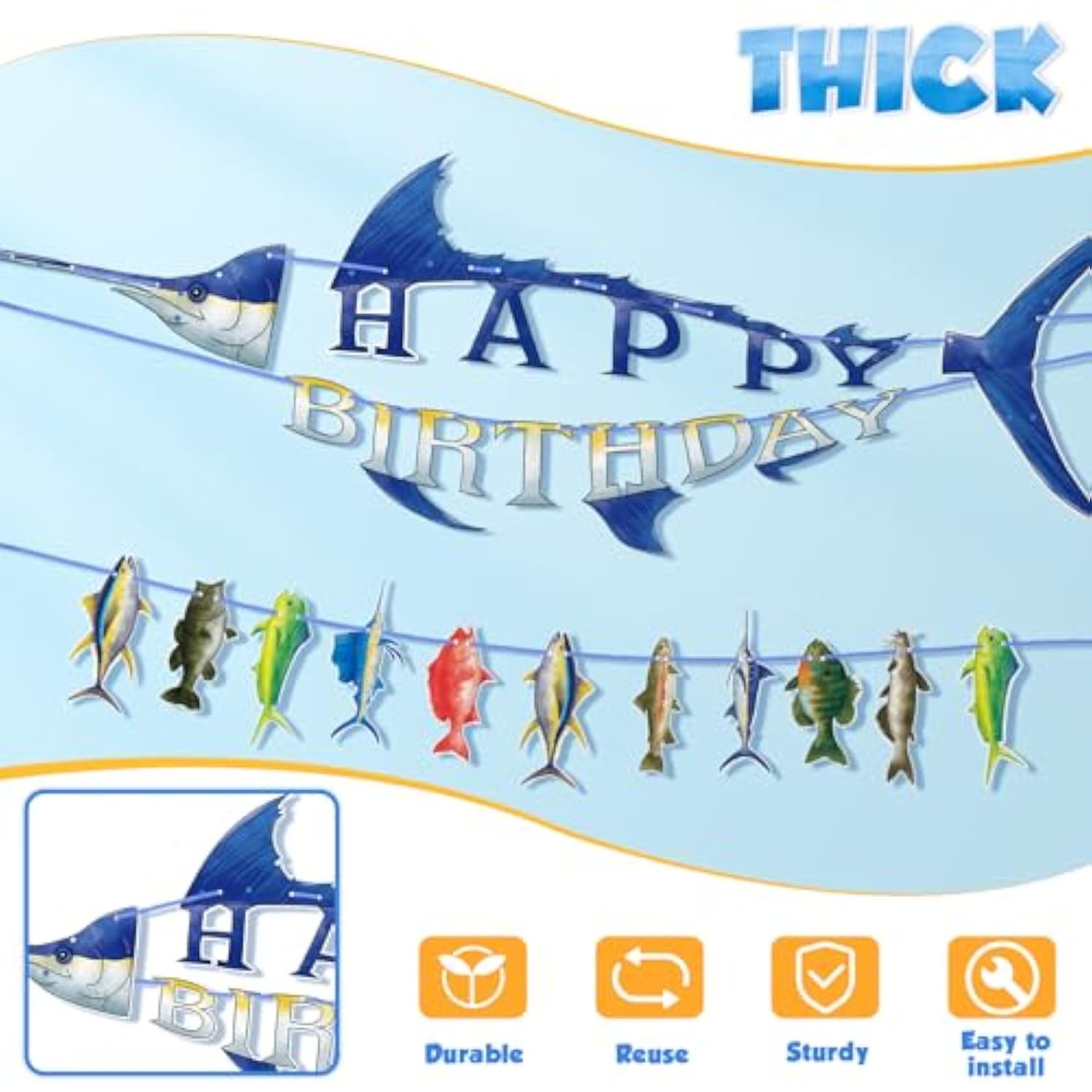 Fishing Happy Birthday Party Banner - Gone Fishing String Hanging Banner With Pre-Strung Fishing Banner Supplies For Boys Litter Fisherman Birthday Party Hanging Wall Decorations