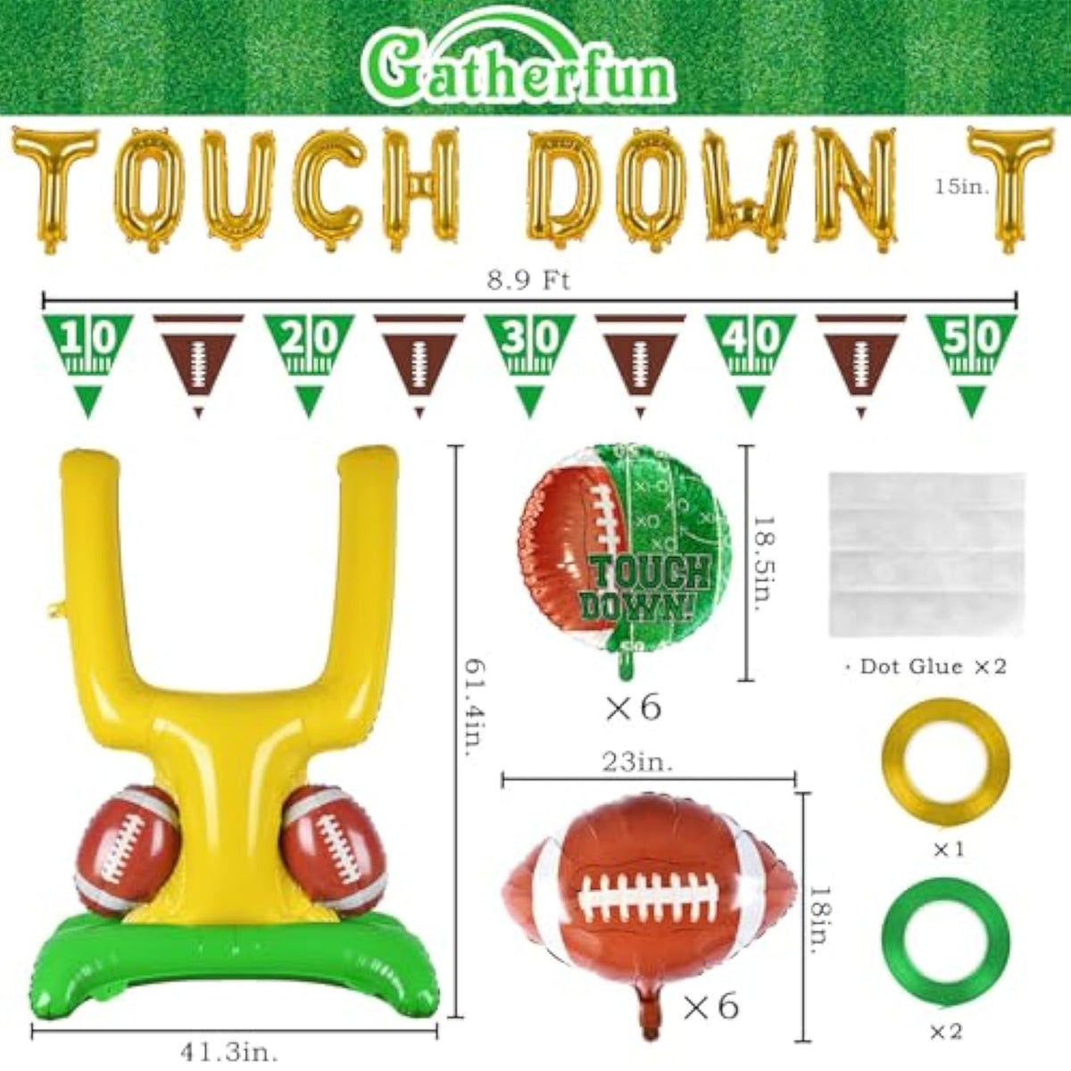 Football Party Supplies Kit - Touchdown Letter Balloon, Goal Post & Football Shaped Foil Balloons, Round 'Touchdown!' Foil Balloons, And Banner For Birthday, Game Day, Tailgate Party Decorations