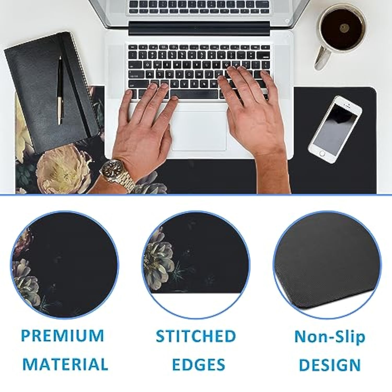 Mouse Pad,Vintage Peonies Desk Mat For Desktop,Desk Pad With Non-Slip Base And Stitched Edge,Extended Mousepad For Office And Home 35.4X15.7 Inch