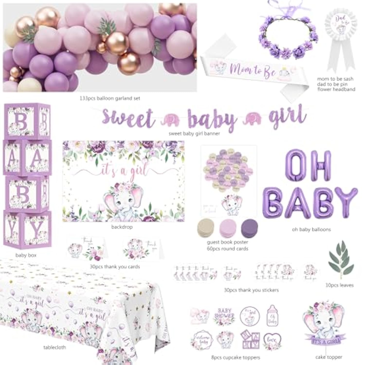 Elephant Baby Shower Decorations For Girl, Pink Purple Elephant Baby Shower Party Supplies, It'S A Girl Backdrop Tablecloth Elephant Balloon Arch Baby Box Sweet Baby Girl Banner Mom To Be Sash