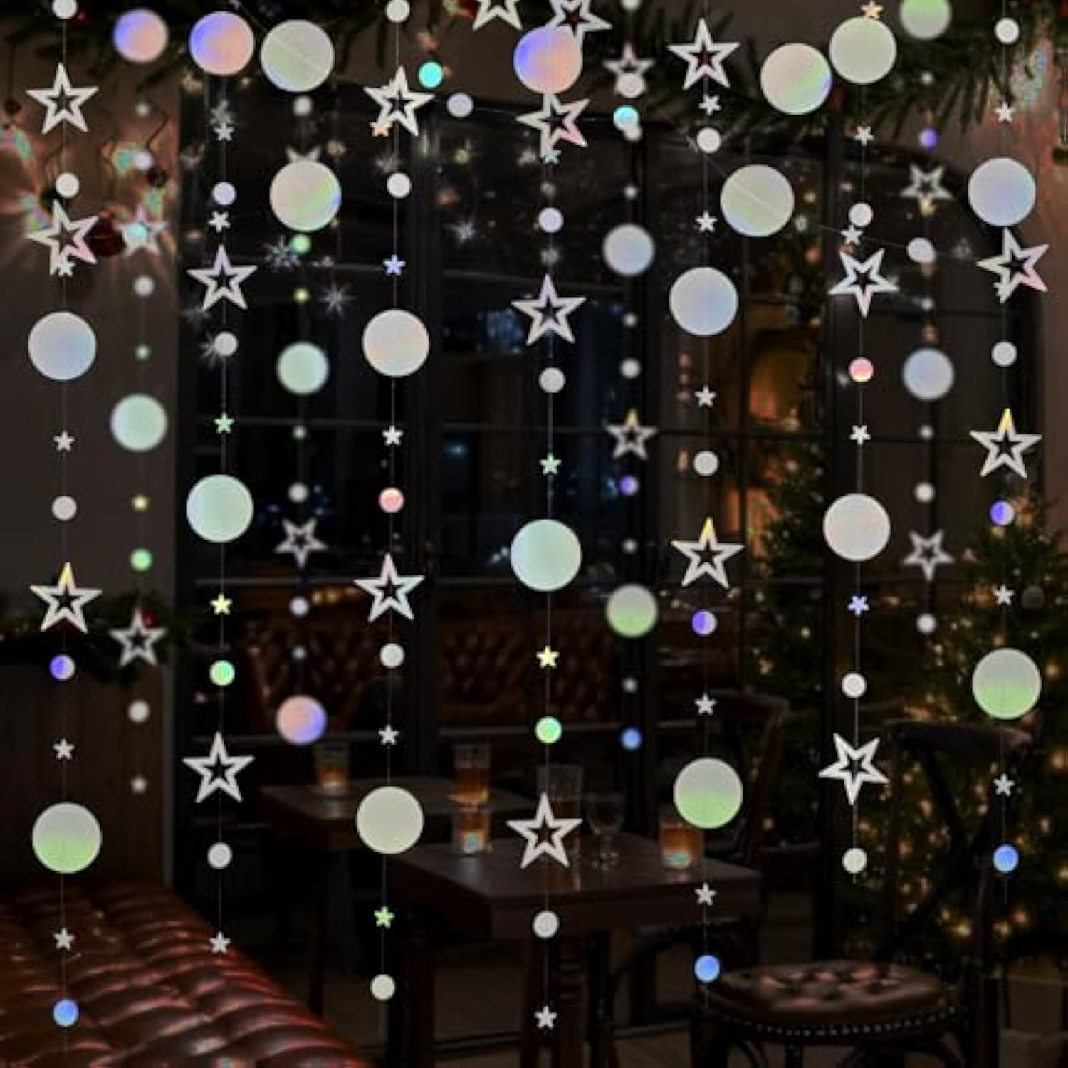 Iridescent Birthday Party Decorations Holographic Sliver Twinkle Star Circle Dot Garland Kit Hanging Bunting Streamers 4 Pack Backdrop Decor Supplies Wedding Baby Shower Christmas Ramadan Eid