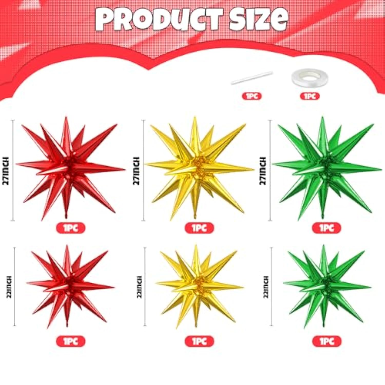 Red Green Gold Star Balloons 22-27in Foil Balloons for Party Decorations