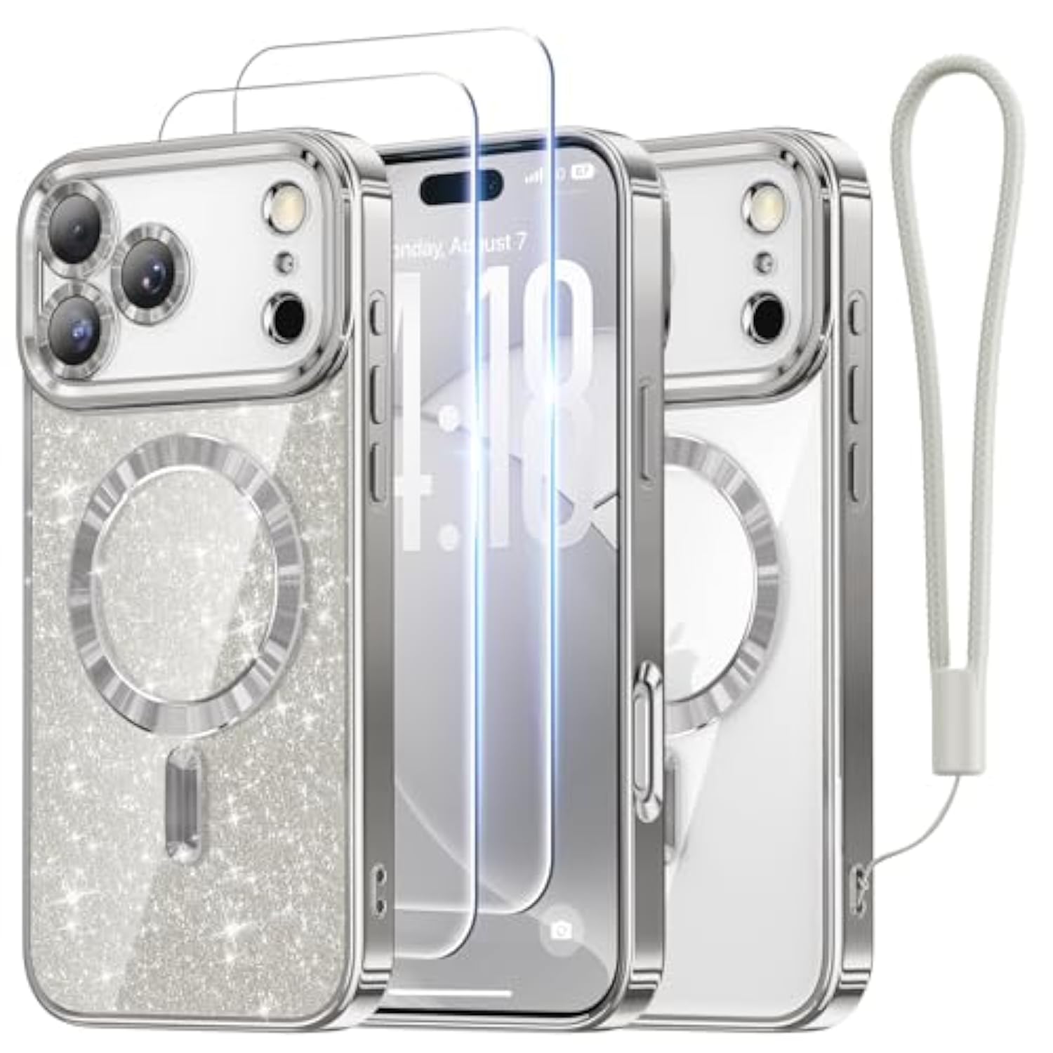 Designed For Iphone 17 Pro Max Case 6.9", [Glitter Card & Wrist Strap] [Compatible With Magsafe] [2X Hd Screen Protectors] Surround Raised Lens Protection For 17 Promax Case, Titanium Silver