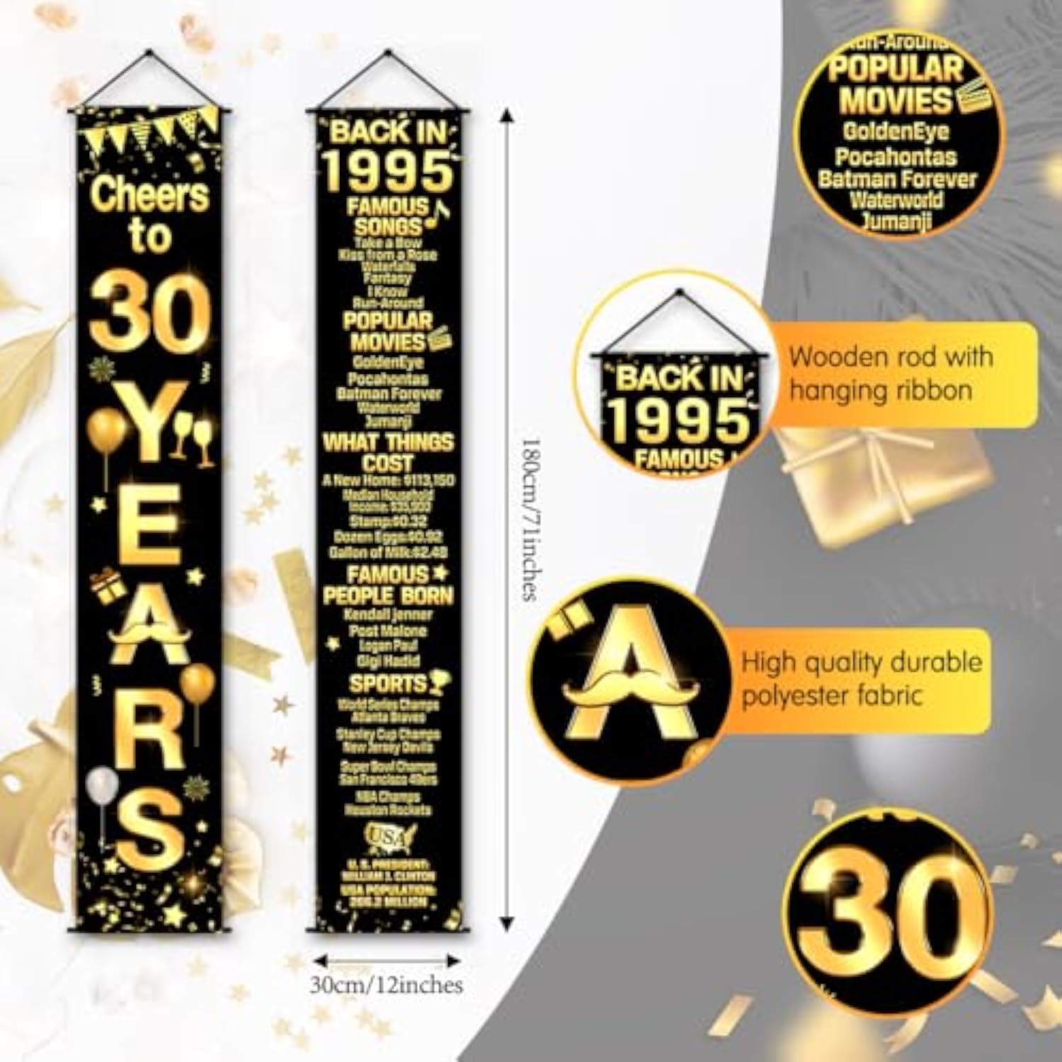 30th Birthday & Anniversary Decorations, Cheers to 30 Years Banner & Porch Sign