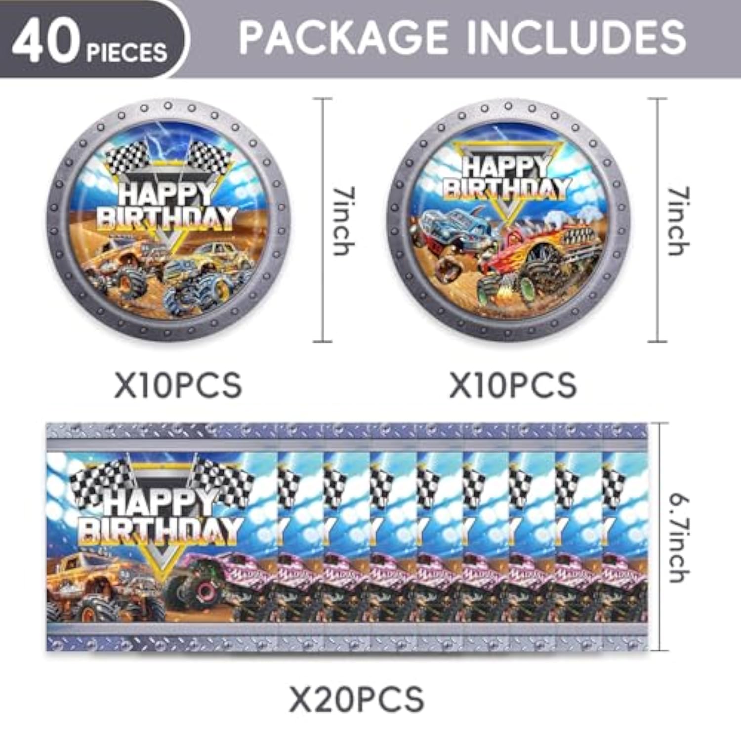 40Packs Monster Truck Party Supplies Plates + Napkin Monster Truck Birthday Party Decorations