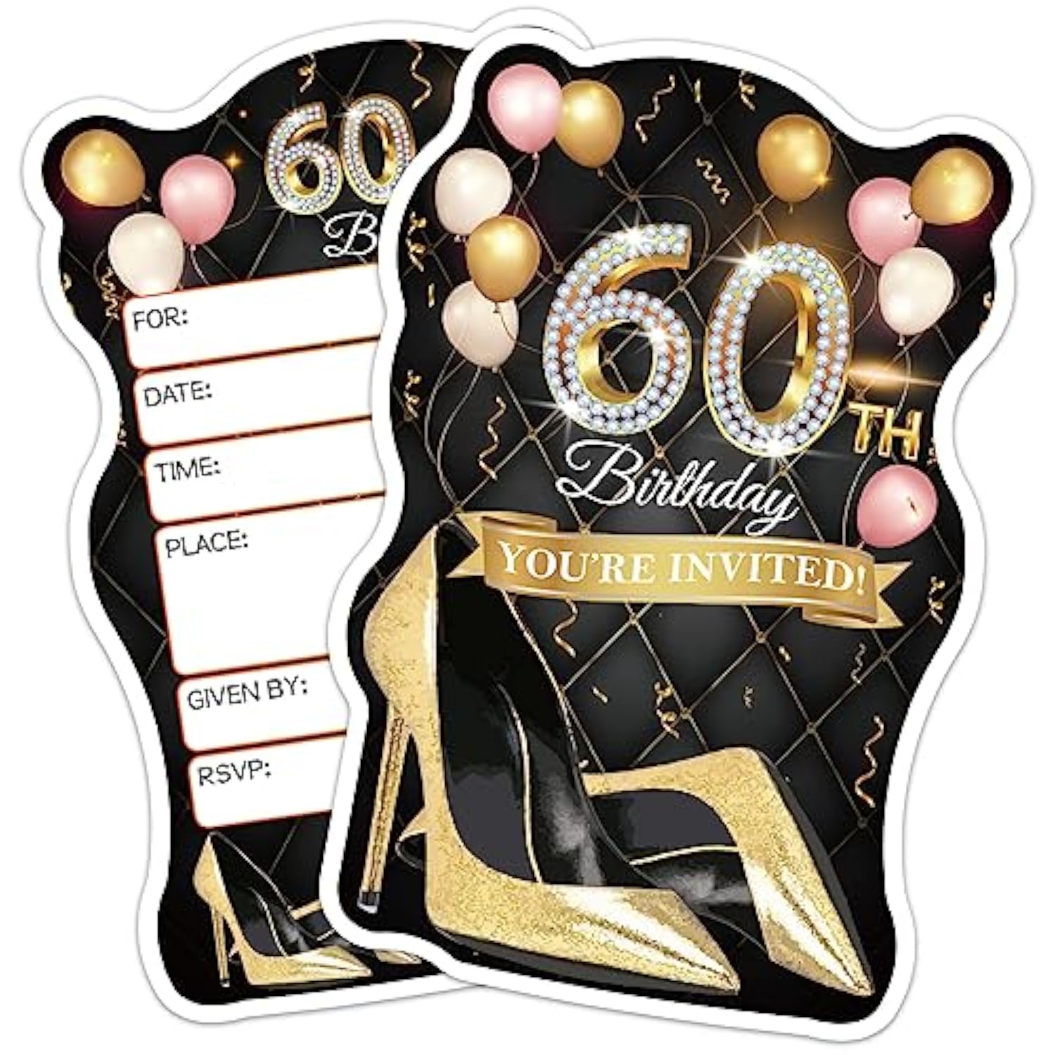 20 Pcs Pink Balloons & Black Golden High Heels Shaped Fill-In Invitations Cards With Envelopes, Funny 60Th Birthday Party Happy 60 Year Old Birthday Invites For Women Lady Wife Mom Adults