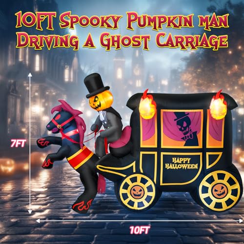10FT Long Halloween Inflatables Built-in LED Light Pumpkin-Headed Horse Carriage, Giant Halloween Decorations Outdoor Blow Up Yard Decorations Spooky Ghost Carriage Halloween Blowups for Lawn Party