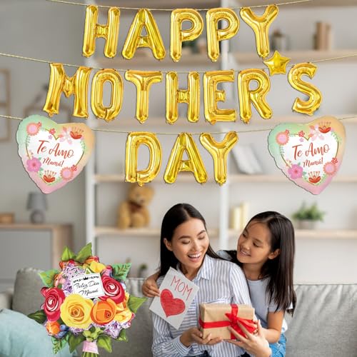 Happy Mothers Day Balloons Banner - Gold Mother's Day Balloons Flower Balloon and Heart Balloon for Mothers Day Decorations Supplies
