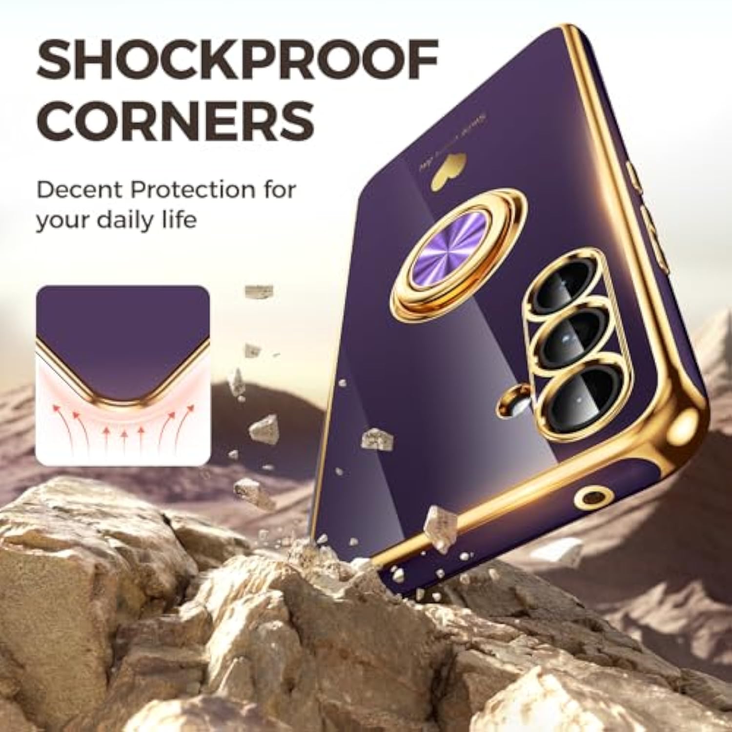 For Samsung Galaxy S23 Fe 5G Case With 2 Pack Screen Protector, 360° Rotatable Ring Holder [Luxury Hearts Pattern] Plating Gold Edge Slim Soft Phone Cover Case For Galaxy S23 Fe - Purple