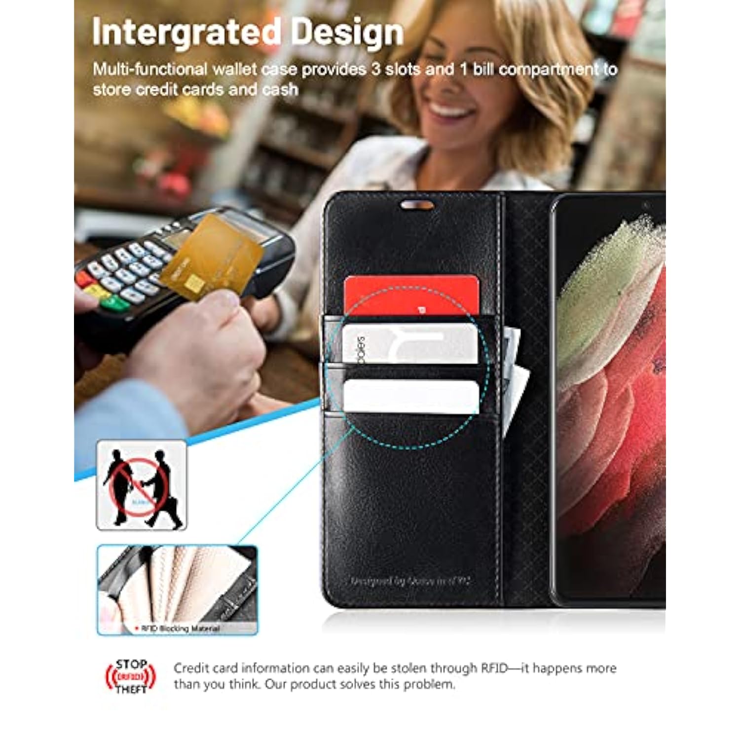 Compatible With Galaxy S21 Ultra 5G Wallet Case With S Pen Holder, Pu Leather Flip Folio Case With Card Slots Rfid Blocking Kickstand [ Tpu Inner Shell] Phone Cover 6.8 Inch (2021)-Black