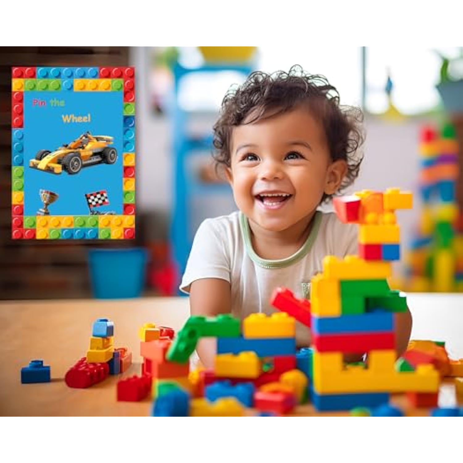 Building Blocks Party Supplies, Pin The Wheel On The Race Car Building Blocks Party Games. Race Car Games, Big Size Poster. Building Block Party Favors, Elastic Blindfolds, Stickers Edge Cut., Large