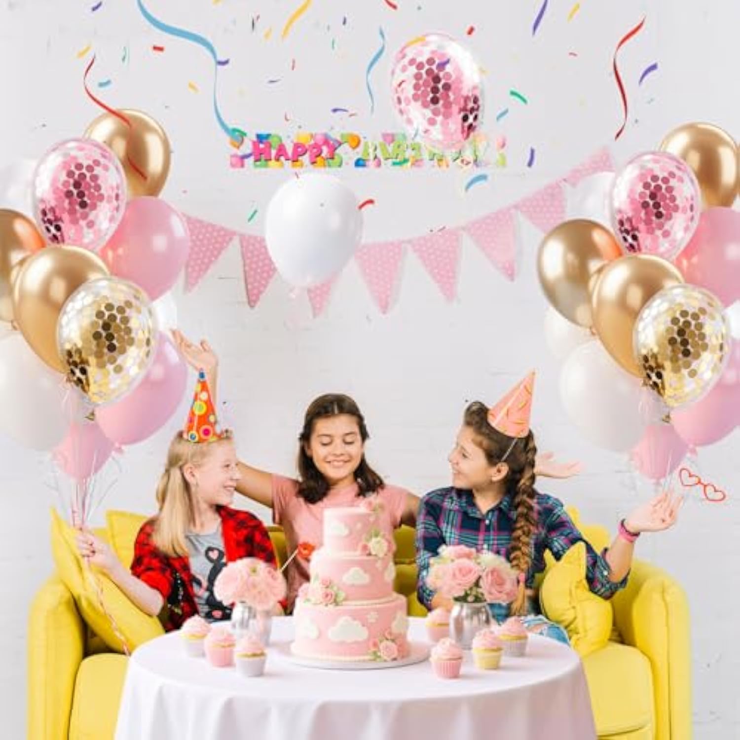 Pink Gold Confetti Balloons 12 Inch White Pink Gold Birthday Balloons For Women & Girl Party Supplies For Baby Shower Wedding Bridal Shower Graduation Bachelorette Princess Party