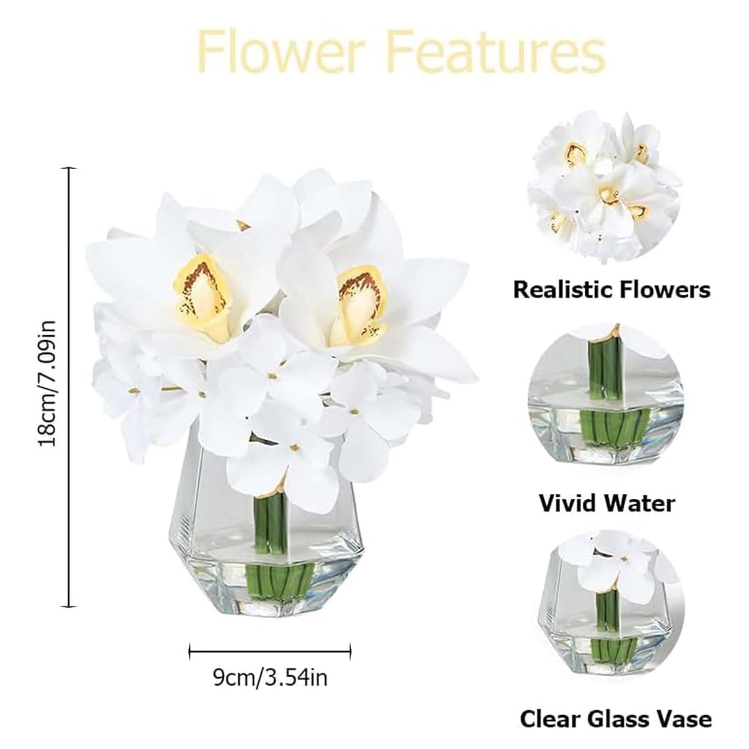 Bathroom Artificial Flowers With Small Vase - Real Touch Silk Fake Magnolia + Hydrangea Flowers Arrangemets In Glass Vase With Faux Water For Home Office Decor