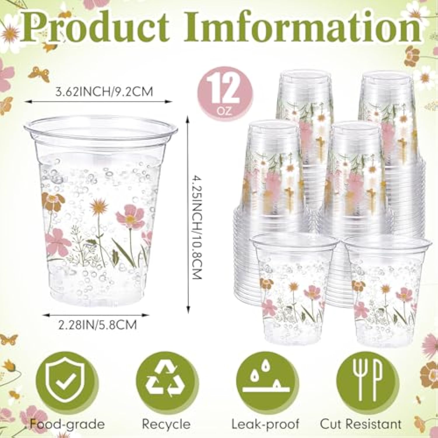 60 Pcs Flower Spring Summer Disposable Cups 16 Oz Floral Wildflowers Plastic Drinking Cups For Summer Spring Birthday Baby Shower Party Supplies(Boho)