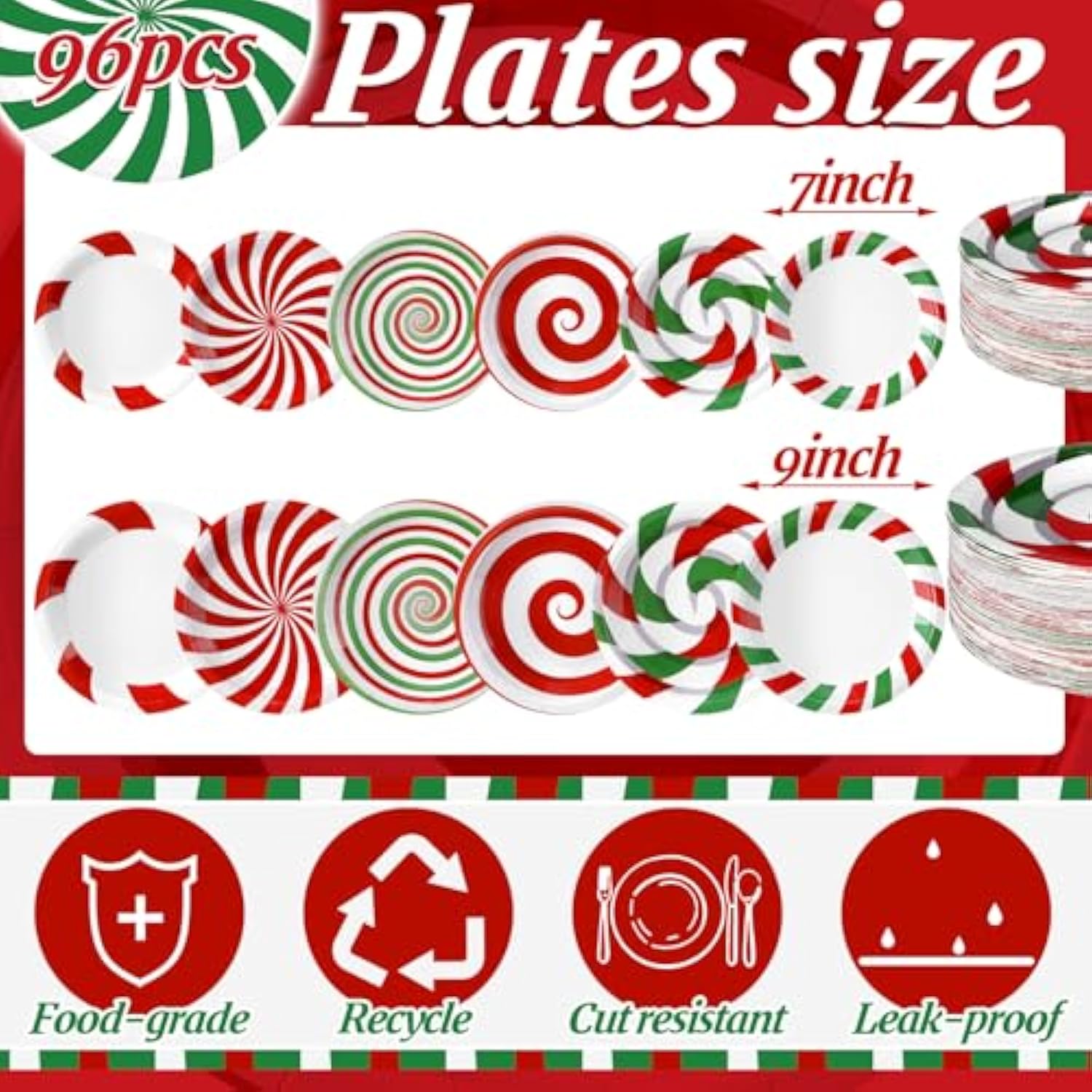 96 Pcs Christmas Candy Paper Plates 7 Inch Disposable Peppermint Dinner Plates For Xmas Birthday Party Table Decoration Supplies