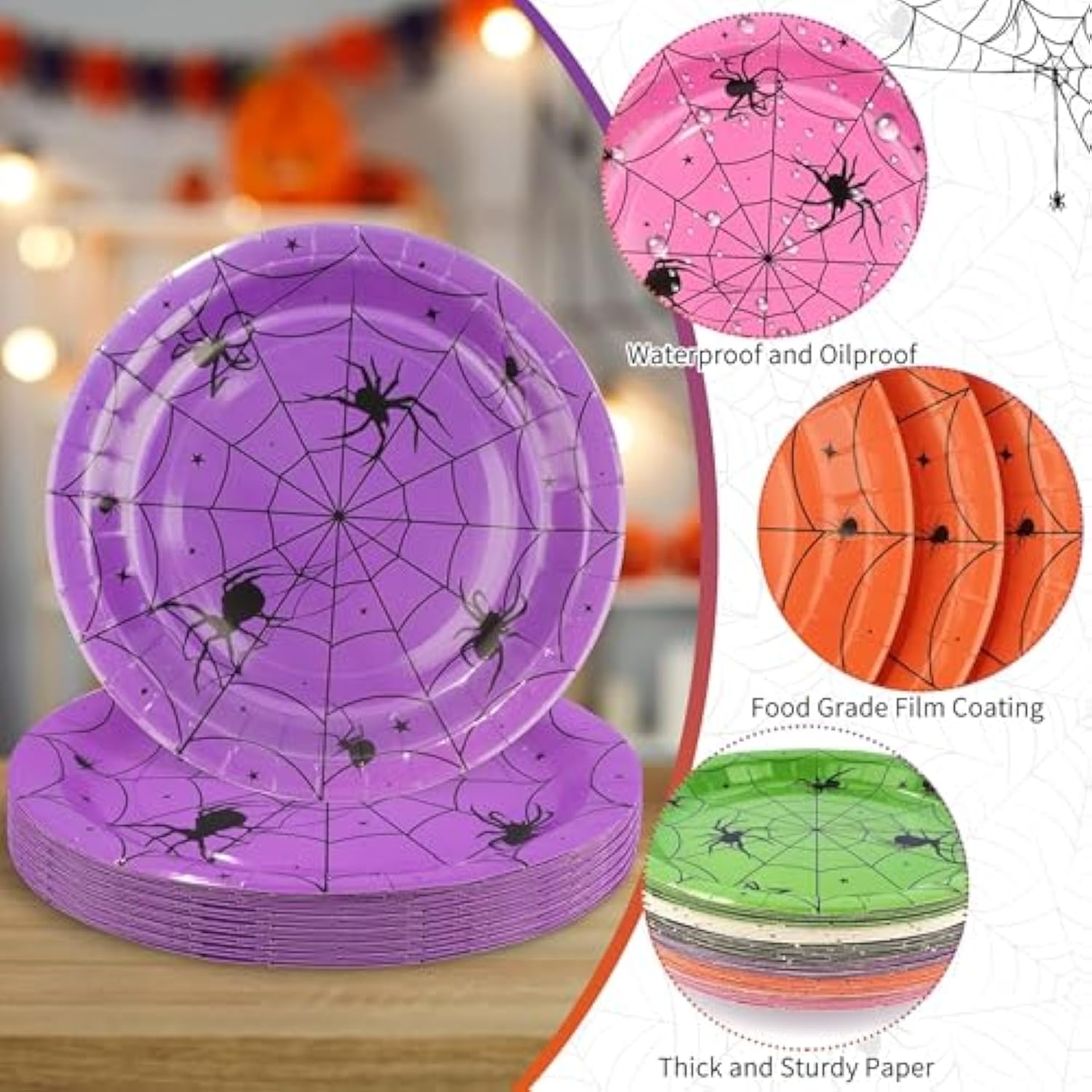 60Pcs Halloween Spider Paper Plates 9In Disposable Spiderweb Dessert Plates 6 Colors