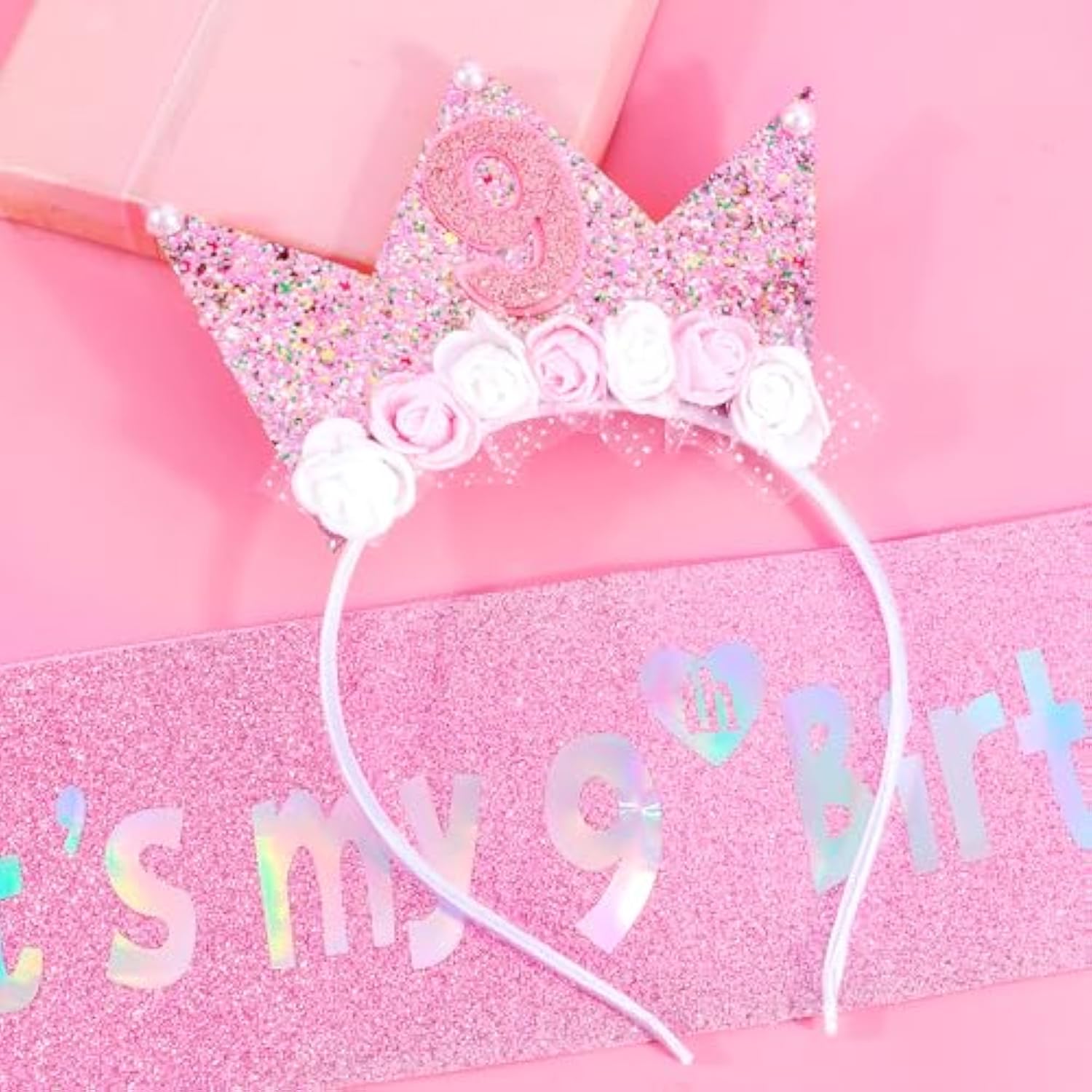 9Th Birthday Decorations For Girls, Birthday Girl Headband & Glitter Sash Set For 9 Year Old Girl Birthday Decorations, Birthday Flower Princess Crown Headband For Happy 9Th Birthday Girl Outfit