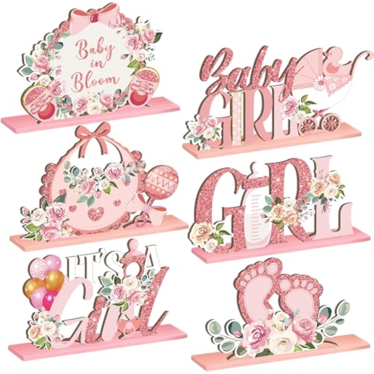 6 Pcs Spring Floral Baby Shower Wooden Centerpieces – "It's a Girl" Table Decor