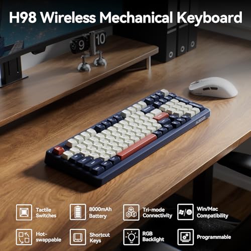 Wireless Bluetooth Mechanical Keyboard, Bt5.3/Type-C/2.4G Tri-Mode Hot Swappable Custom Gaming Keyboards, Gasket, Rgb, Numpad, Blue Computer Keyboard For Mac/Win/Office, 98 Keys(Click Sound)