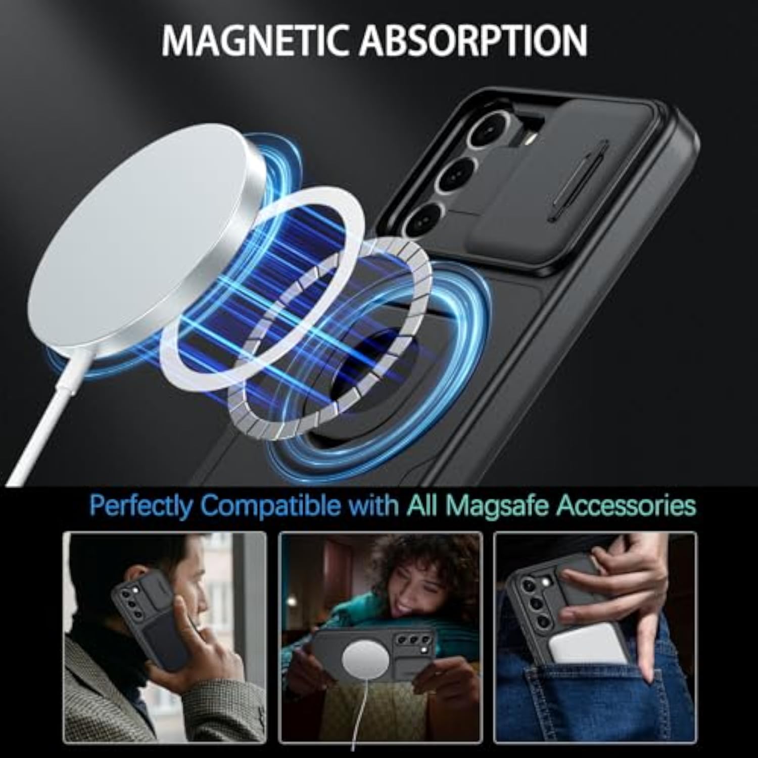 Magnetic Phone Case for Samsung Galaxy S21 FE 5G, Heavy Duty Protective Kickstand Cover with Built-in Slide Camera, Black