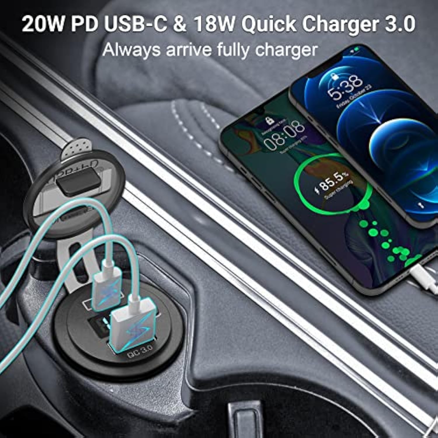 2 Pack Pd3.0 20W And Qc3.0 18W Usb C Car Charger With Led Voltmeter And On/Off Switch For Boat, Rv, Truck, Golf Cart, Motorcycle