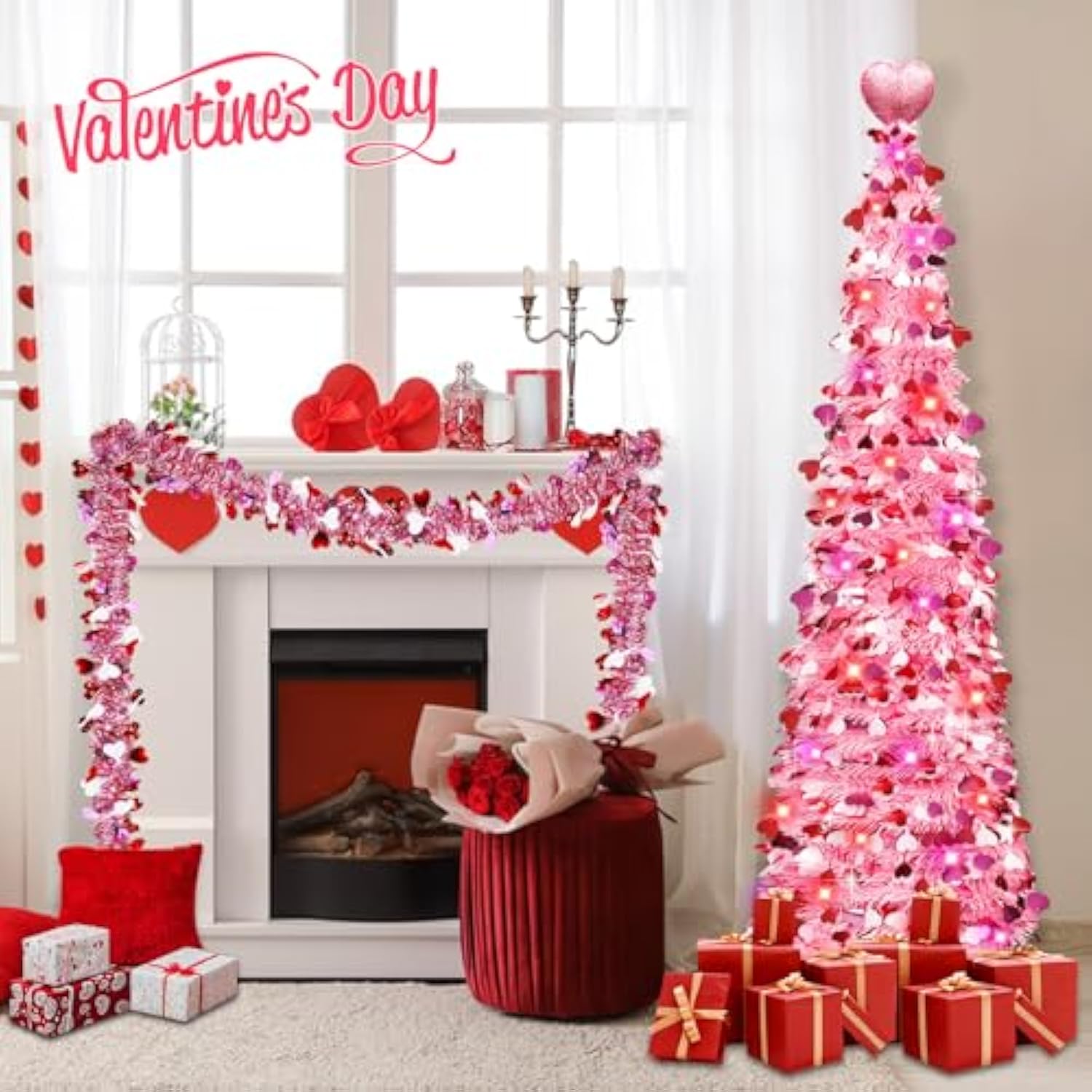 Valentines Day Decorations 5Ft Pink Valentines Christmas Tree With Lights Timer Battery Operated Pop Up Artificial Tree With Heart Ornaments, Heart Topper Decorations For Indoor Home Outdoor Office