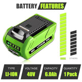 Replacement Battery And Charger For Greenworks 40V Battery Lithium Battery Compatible With Greenworks G-Max Battery 40 Volt Cordless Chainsaw Power Tools 2Pack (Red)