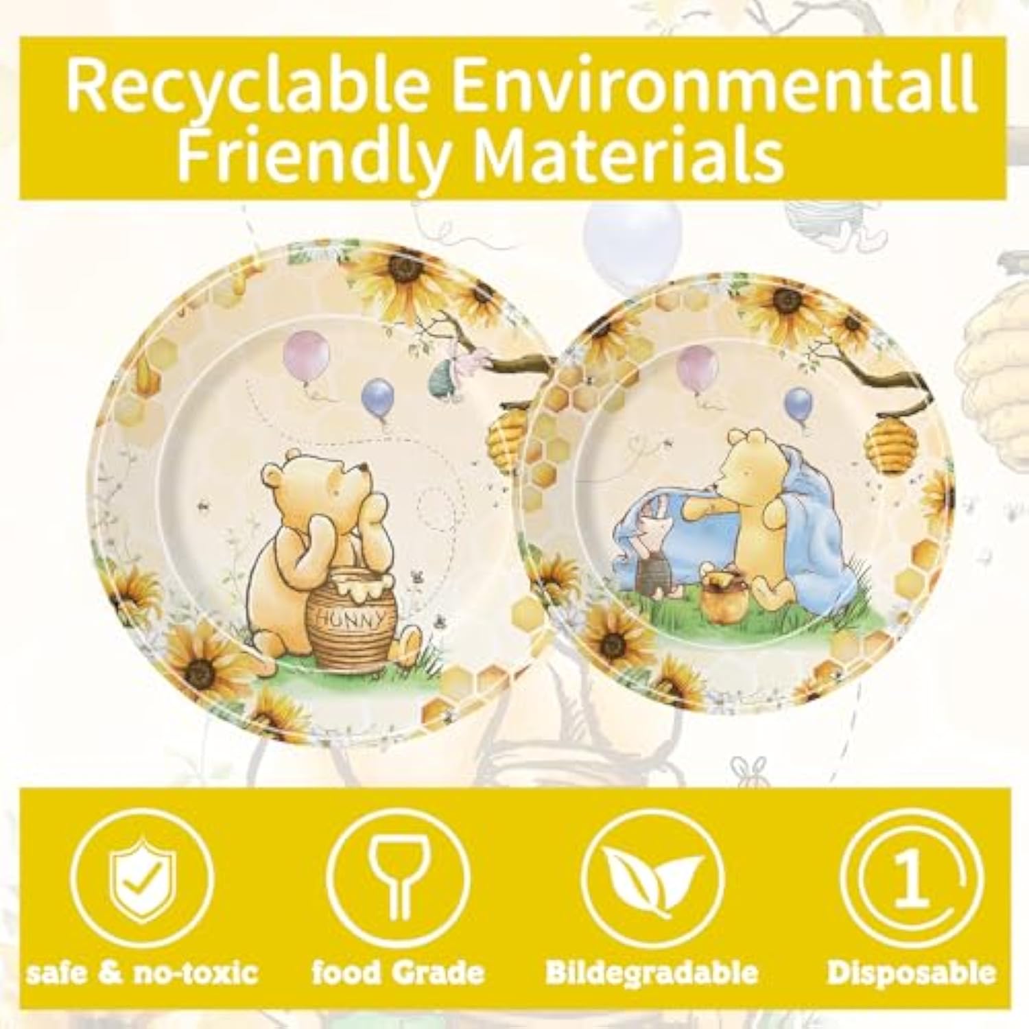 300 Pcs Bear Baby Shower Plates And Napkins Tableware Set, Plates Napkins Cups Straws And Forks Sets, Baby Shower Decorations Birthday Party Supplies, Serves 50 Guests (Yellow)