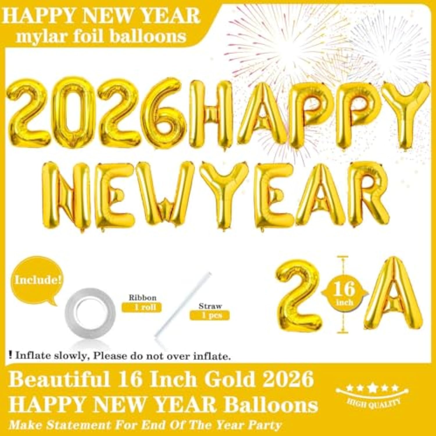 16 Inch Gold 2026 Happy New Year Foil Balloons for Party Decorations