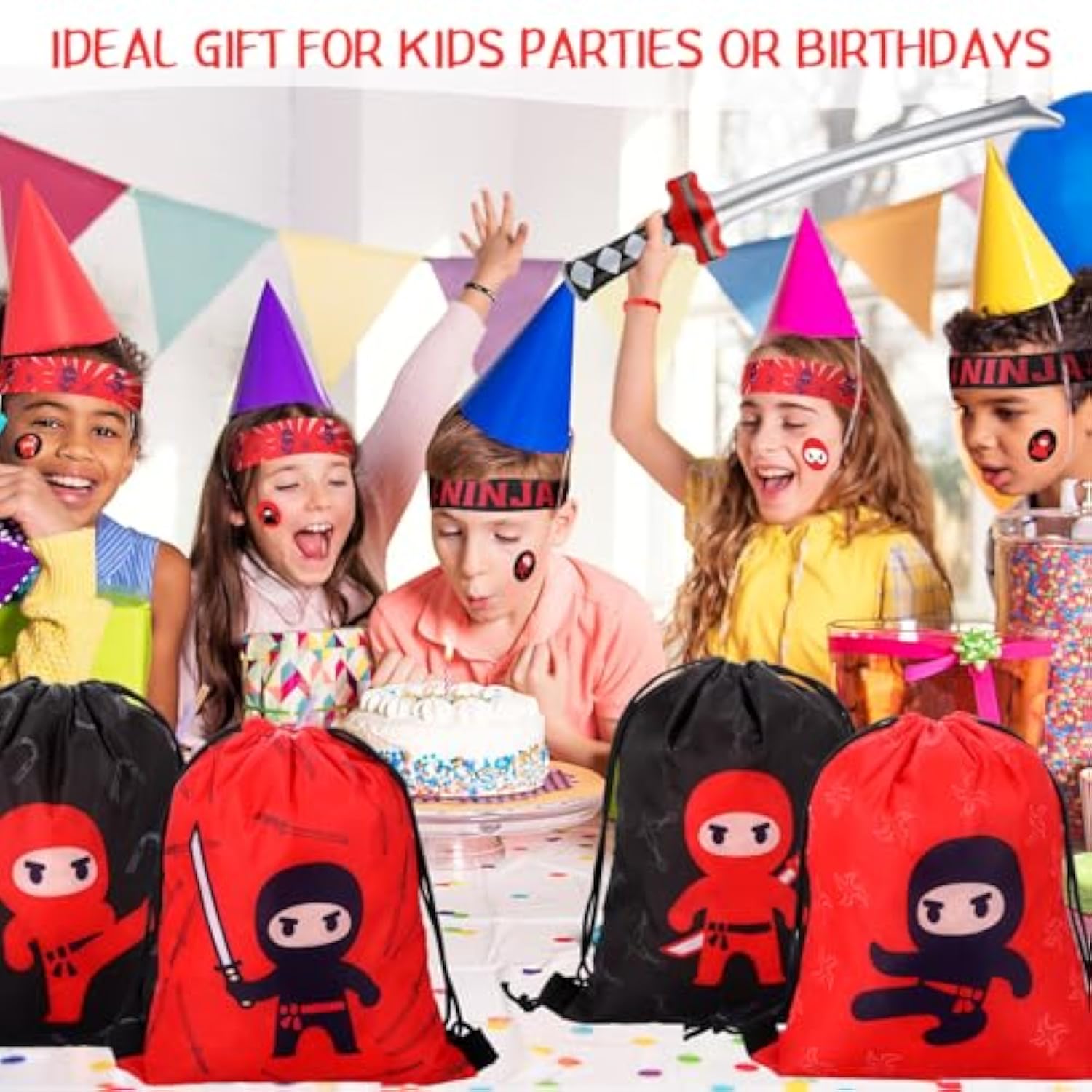 112 Pcs Ninja Pirate Party Favors With Drawstring Backpack Headband Inflatable Sword Bracelet Sticker Keychain Stretch Ninja Or Pirate Eye Mask For Karate Birthday (Ninja Style)