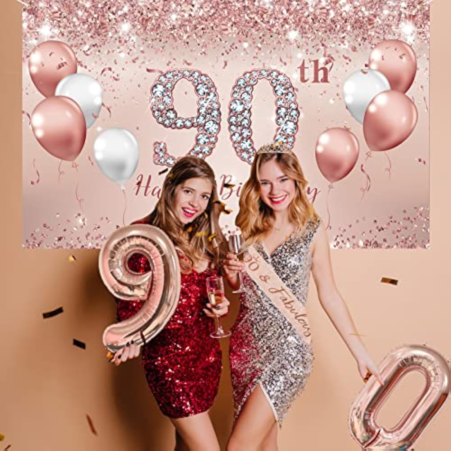 90Th Birthday Decorations Party Set For Women, Rose Gold 90 Birthday Banner And Tablecloth, 90 & Fabulous Sash And Tiara, 1Pc Happy 90Th Birthday Cake Topper, Pink Gold 90 Number Balloons