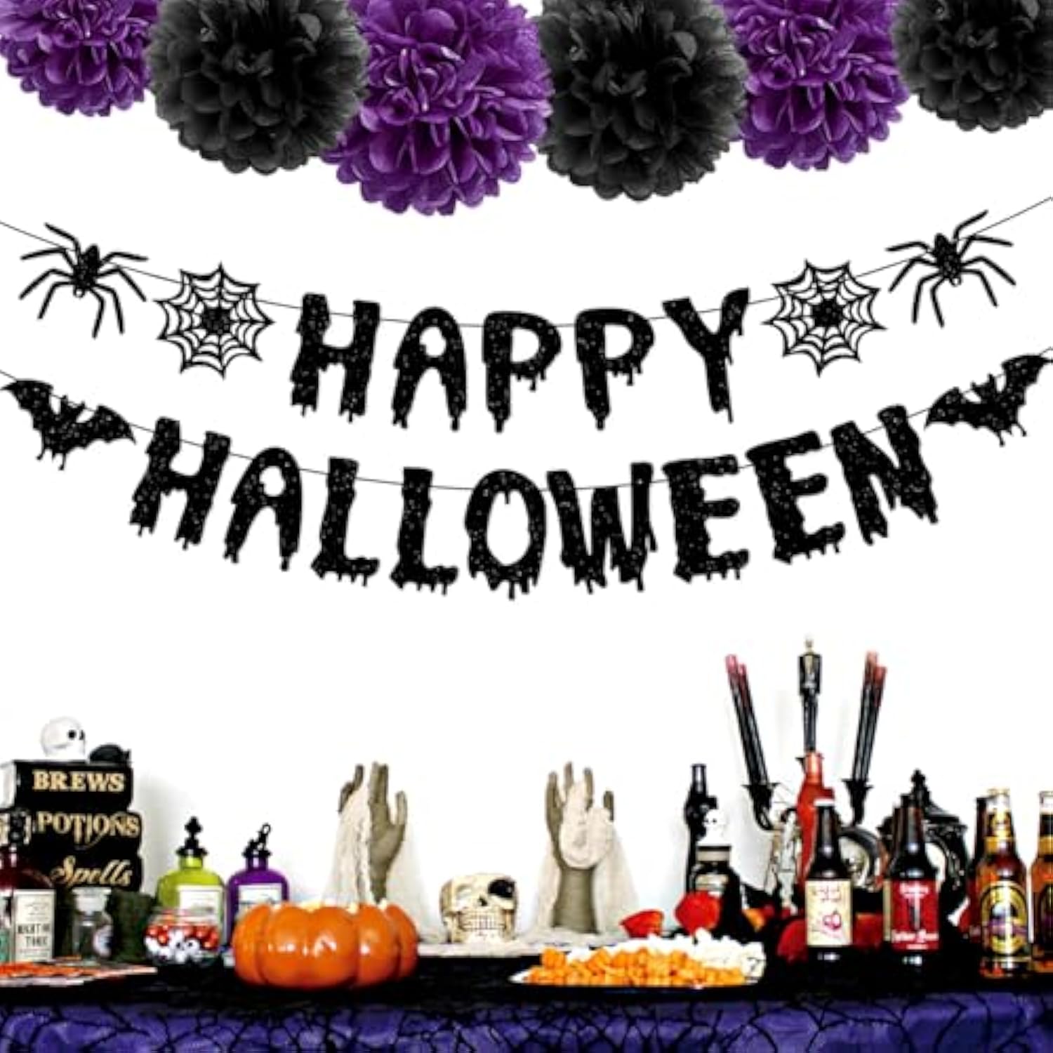 Purple & Black Halloween Party Decorations, 13PCS Spider Web Bats Streamers Banner