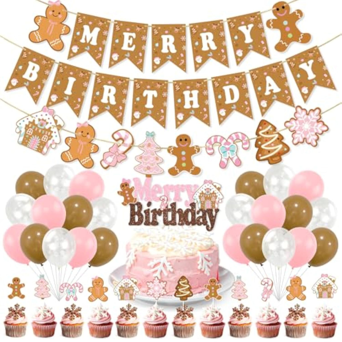 Brown Christmas Birthday Decorations,Cute Gingerbread Man Theme Merry Birthday Banner Gingerbread House Cake Topper Latex Balloons For Christmas Birthday Boys Girls