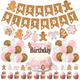 Brown Christmas Birthday Decorations,Cute Gingerbread Man Theme Merry Birthday Banner Gingerbread House Cake Topper Latex Balloons For Christmas Birthday Boys Girls