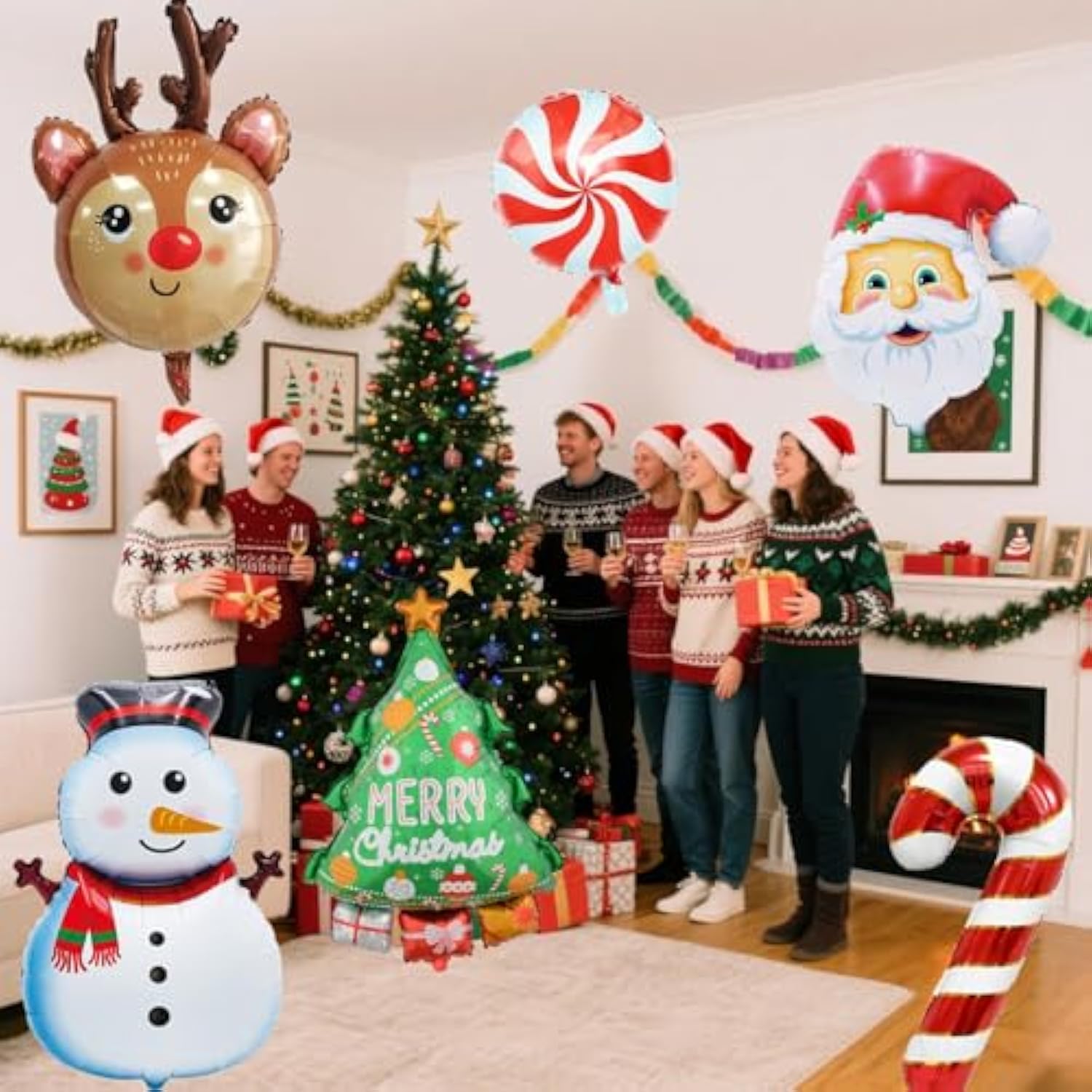 Christmas Foil Balloons Snowman Reindeer Santa Candy Cane Christmas Tree Balloons For Xmas Themed Party Decoration Supplies Winter Birthday Decoration Decor Ballons Arch Kits Party Balloon Set 6Pcs