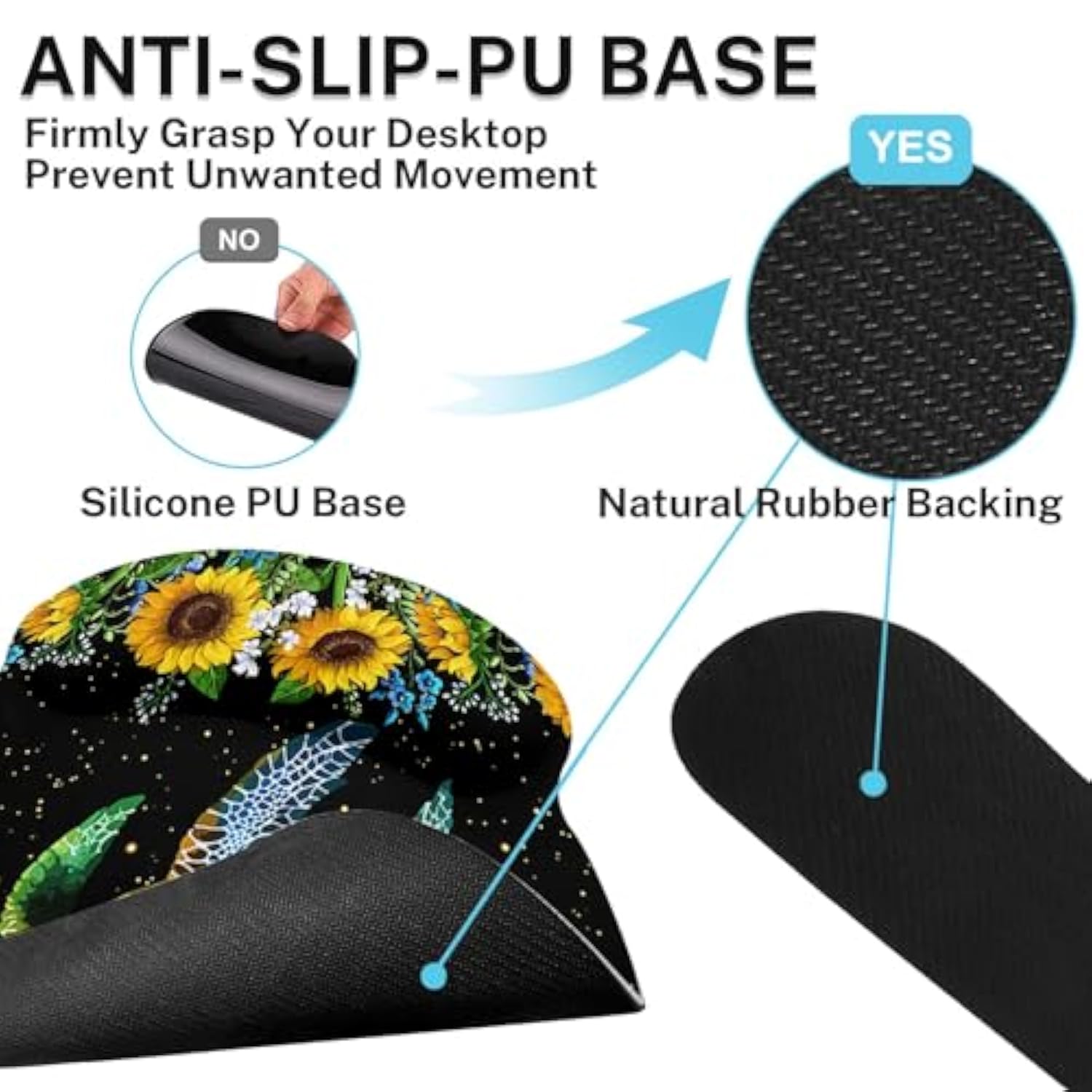 Yellow Sunflower Daisies Desk Mat, Turtle Leaves Floral Mouse Pad Set 4-In-1 Large Mousepad+Keyboard Wrist Rest+Mouse Wrist Rest+Coaster With Ergonomic Design, Non-Slip Mat