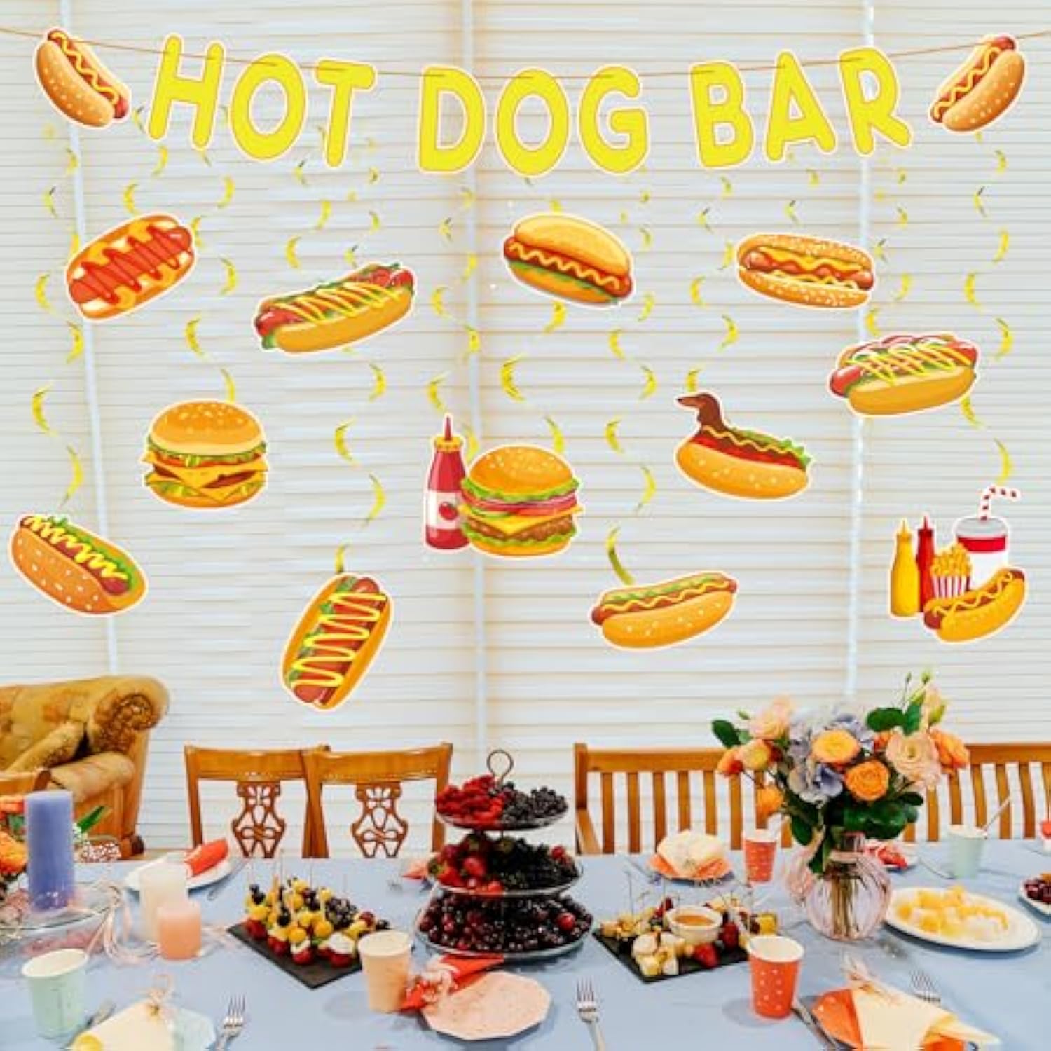 23 Pcs Hot Dog Bar Party Decorations Hot Dog Bar Banner With Hanging Swirls Decor For Sausage Food Birthday Baby Shower Party Decoration Supplies