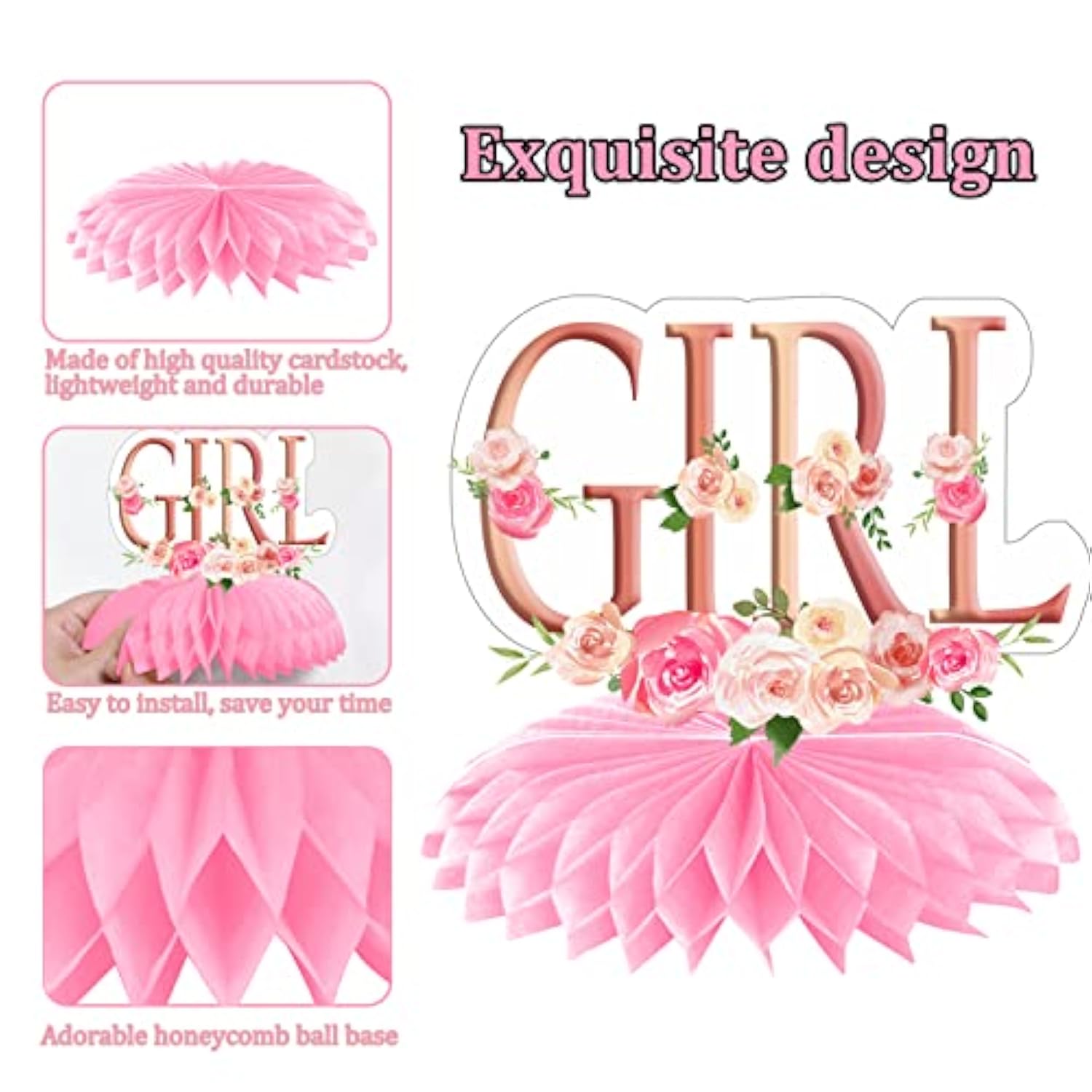 12Pcs Pink Rose Gold Baby Shower Decorations Honeycomb Centerpieces Fo