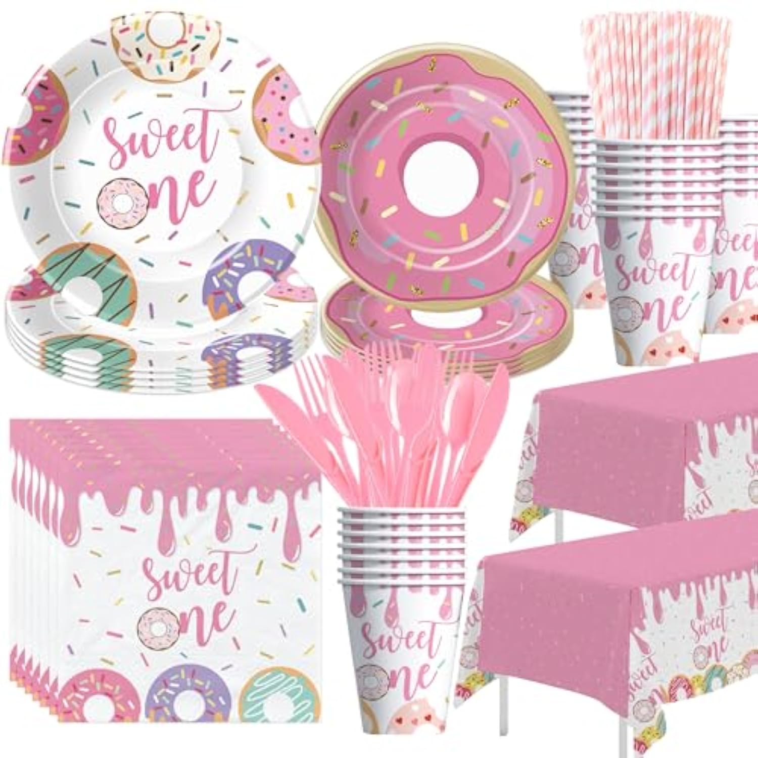 Donut “Sweet One” 1st Birthday Party Set – Pink Tableware for Girls, Serves 24 Guests