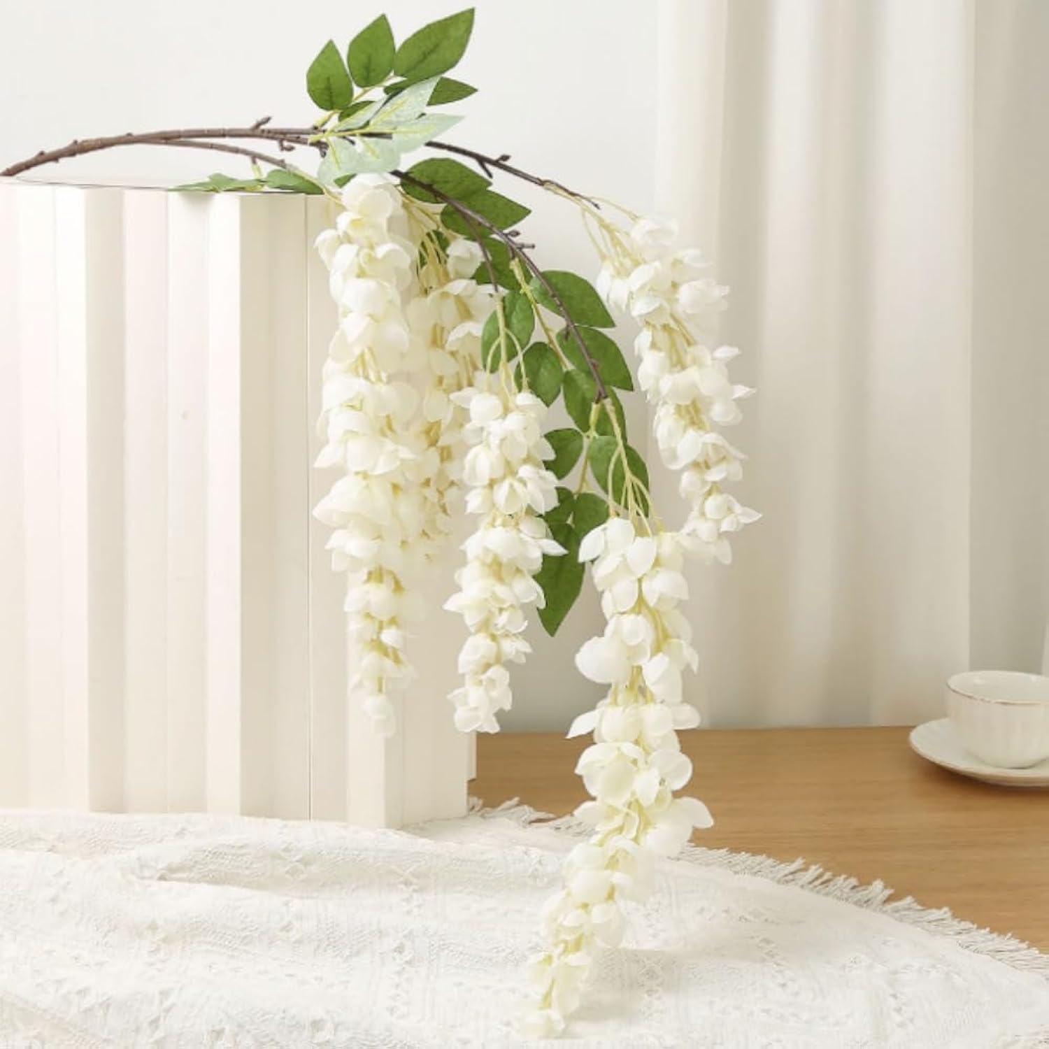 47''Silk Amber Wisteria Artificial Flowers 2 Branches, Fake Wisteria Floral Hanging Plant Garland,Hanging Flower Stem For Home Decor, Party, Floor Vase, Wedding Arrangement Decoration (White)