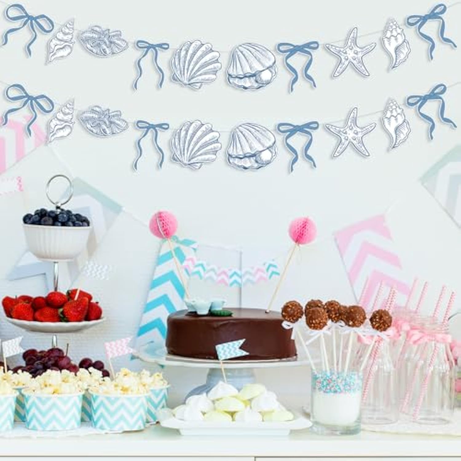 2 Pack Blue Bow Starfish And Seashell Garland 6.56 Ft Ocean Coastal Nautical Beach Party Under The Sea Paper Bow Hanging Banner For Summer Birthday Wedding Bachelorette Mermaid Baby Shower