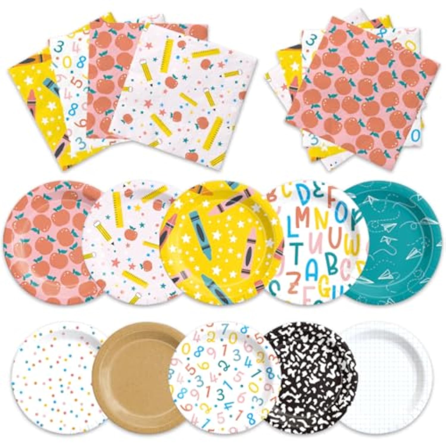 60Pcs School Plates And Napkins-Back To School Decorations Ruler Apple Alphabet First And Last Day Of School Preschool Kindergarten Graduation Tableware Deorations