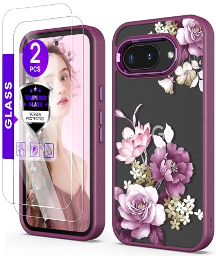 for Google Pixel 10A Case+Tempered Glass Screen Protector,Military Grade Protective Slim Soft TPU + Hard PC,Girls Women Crystal Clear Flower Pattern