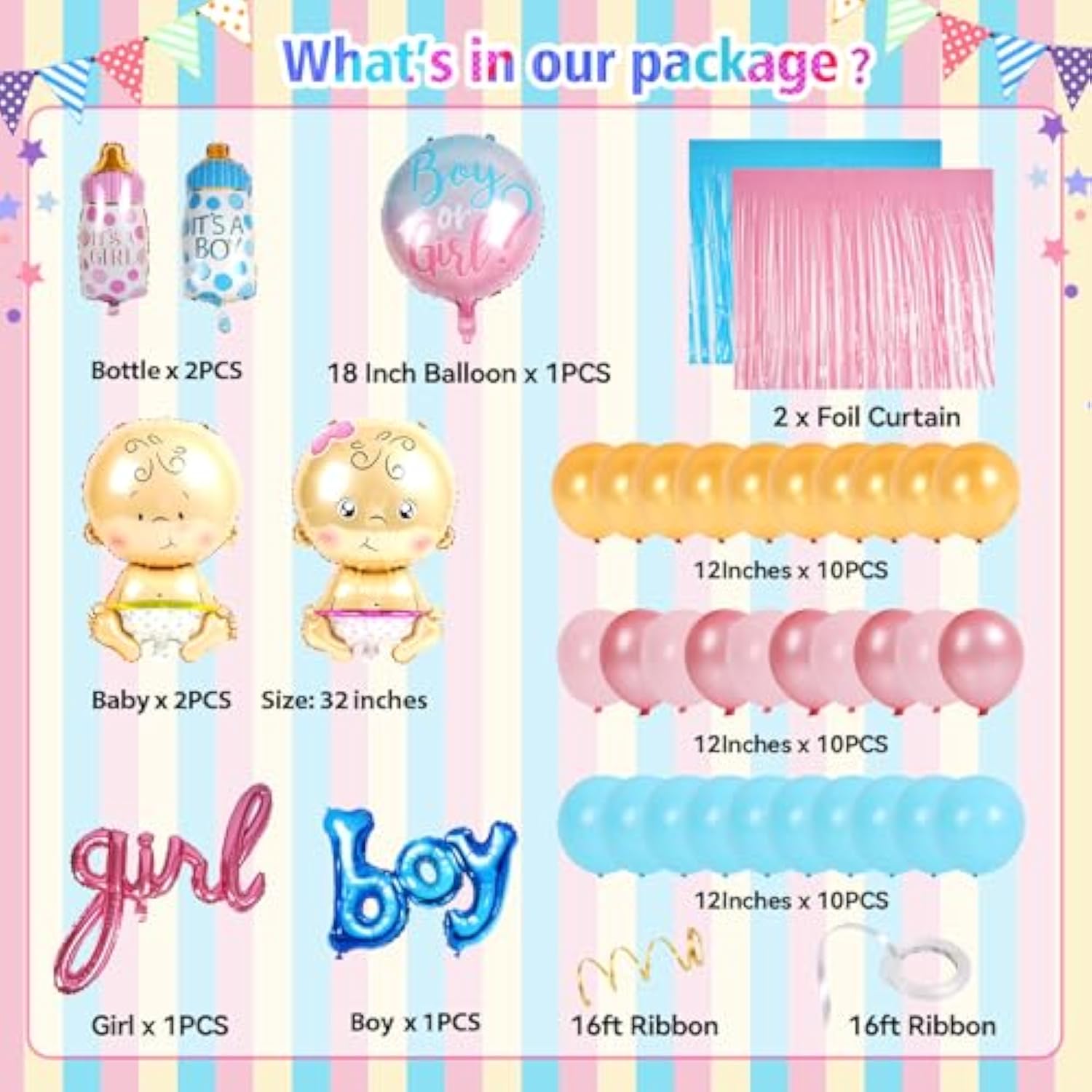 Baby Gender Reveal Balloons Party Decorations Supplies, Baby Shower Balloons Party Decorations, Pink, Blue, Yellow Latex Balloons, Shaped Balloons, Cupcake Toppers, Foil Curtains. Boy Or Girl Party