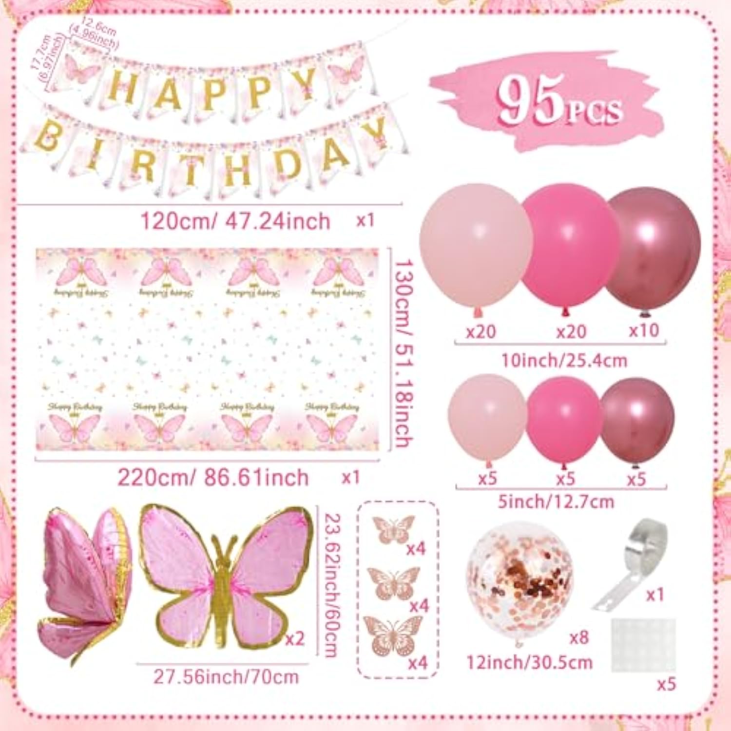 Butterfly Decorations For Girls, Pink Butterfly Themed Birthday Decorations Party Supplies With Balloon Arch Kit Backdrop Banner Foil Balloons Wall Decor, Princess Baby Shower Bday Party
